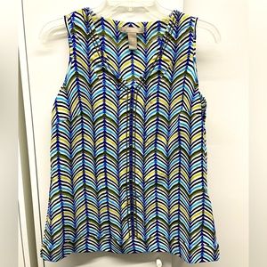 Banana Republic beaded sleeveless blouse, blue and yellow stripes, size small